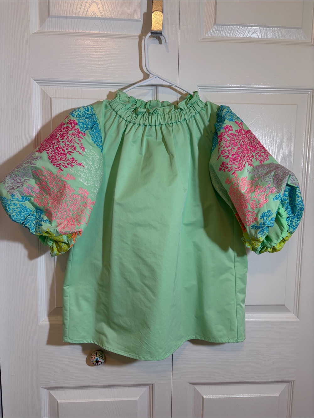 THML Mint Green Peasant Blouse with Floral Puff Sleeves